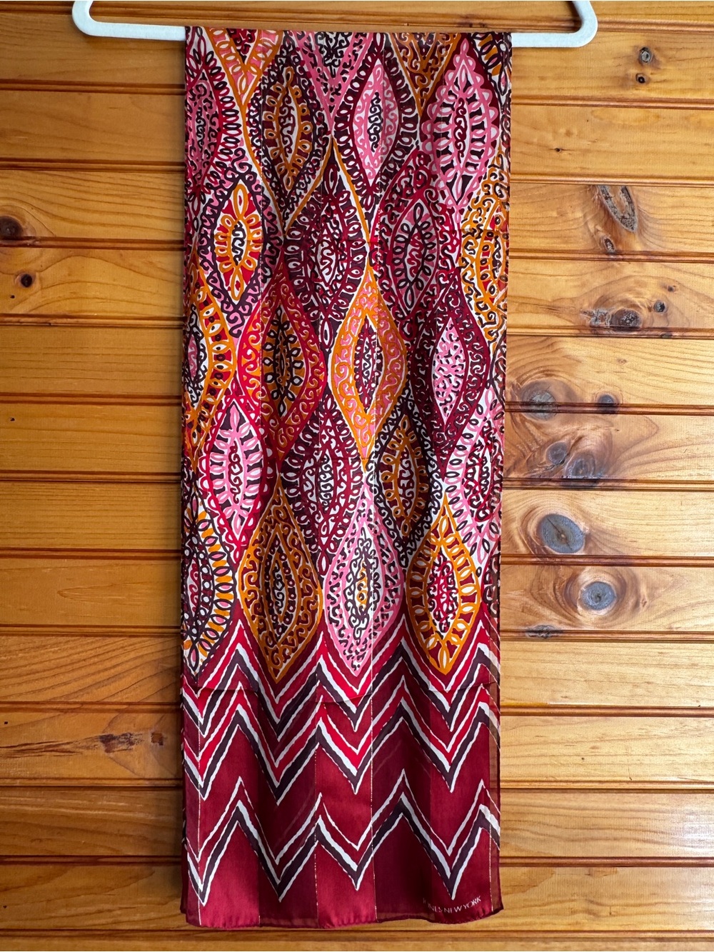 Jones New York 100% Silk Scarf Boho Geometric Paisley Burgundy Pink 60”